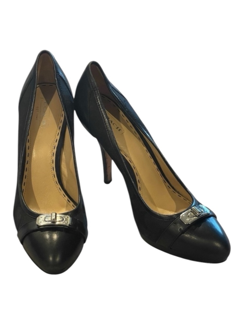 Coach Camille Signature Turn Lock Black Pump, Leather/Jacquard, Almond Toe, 8.5B